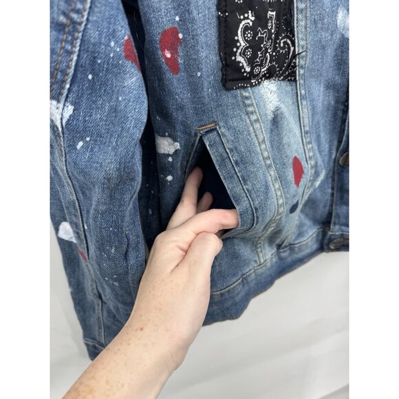 FWRD Patchwork Grunge Paint Splatter Jean Jacket Women XL Blue Skater Retro Y2K - Picture 7 of 10